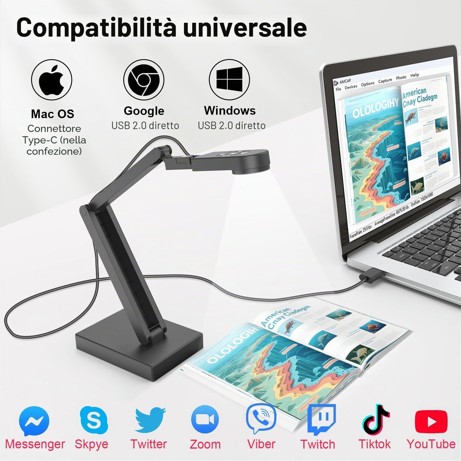 12MP Telecamera Documenti, 4K Visualizzatore - Luce LED, Autofocus Dual e Microfono - Pieghevole - Compatibile con Mac/Windows/Chromebook - Ideale per Dimostrazioni e Didattica a Distanza