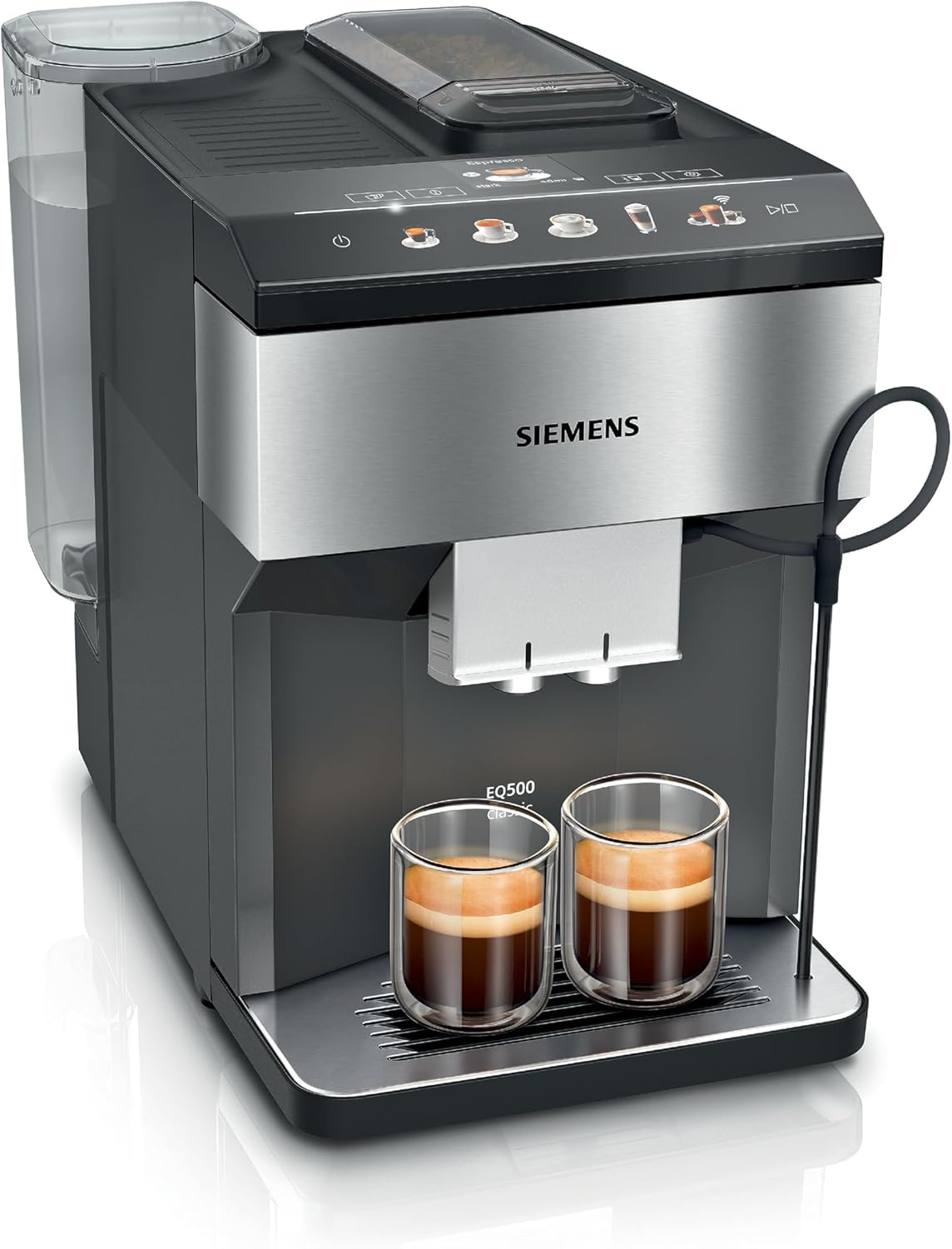 Siemens EQ500 classic TP516DX3 Machine à café automatique, contrôle par application, nombreuses spécialités de café, mousseur à lait, fonction double tasse, nettoyage à la vapeur, 1500 W, acier