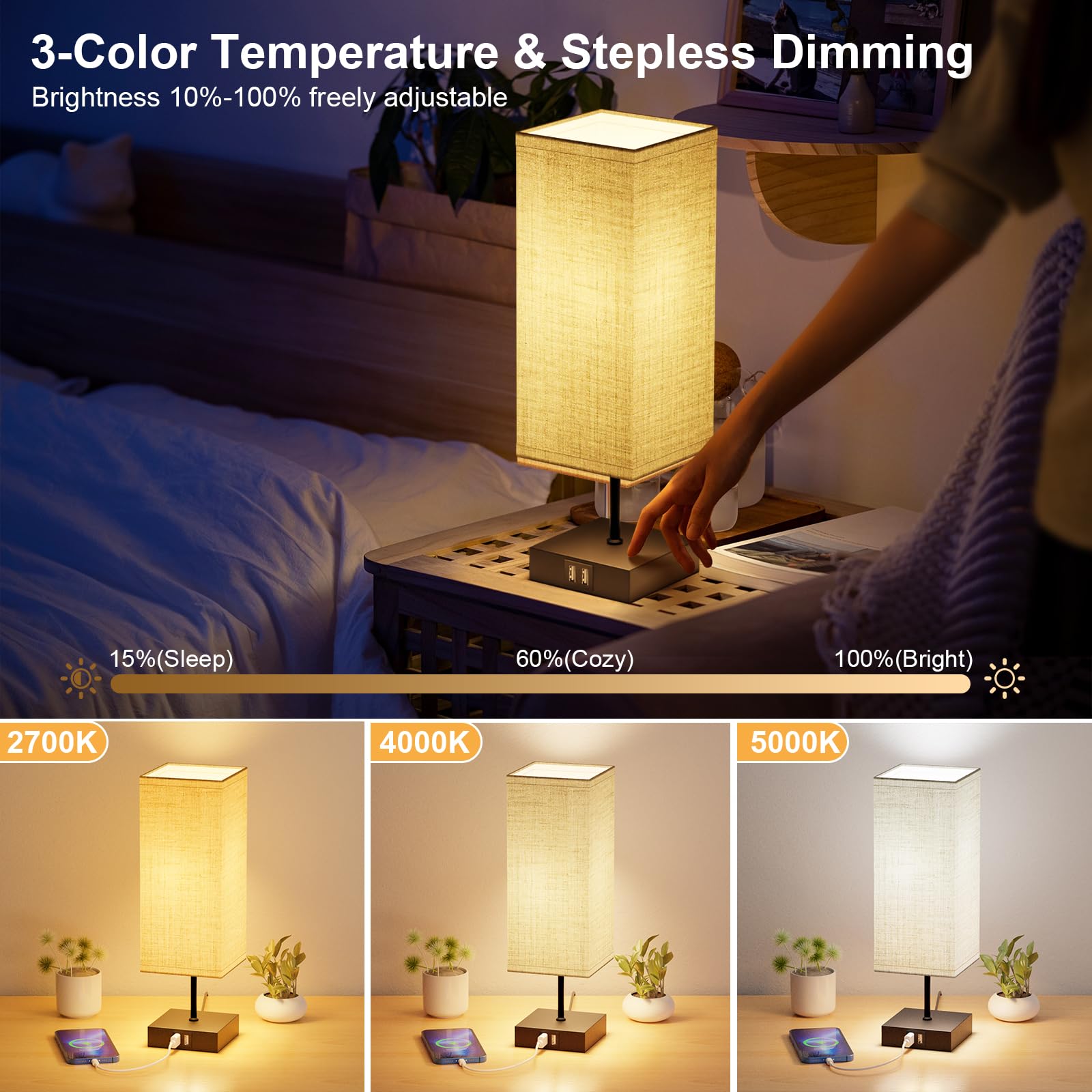 Lamparas de Mesita de Noche, Lámparas de Mesa con 2 Puertos USB de Carga Rrápida, 3 Temperaturas de Color y Regulación Continua, 2 Bombillas E27 de 6W para Dormitorio, Ssalón, Ooficina