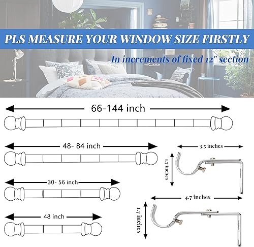 Miniatura 4 de Barra de cortina plateada de 120 a 170 pulgadas para ventanas, barra de cortina ajustable decorativa de 1 pulgada de diámetro con soportes para