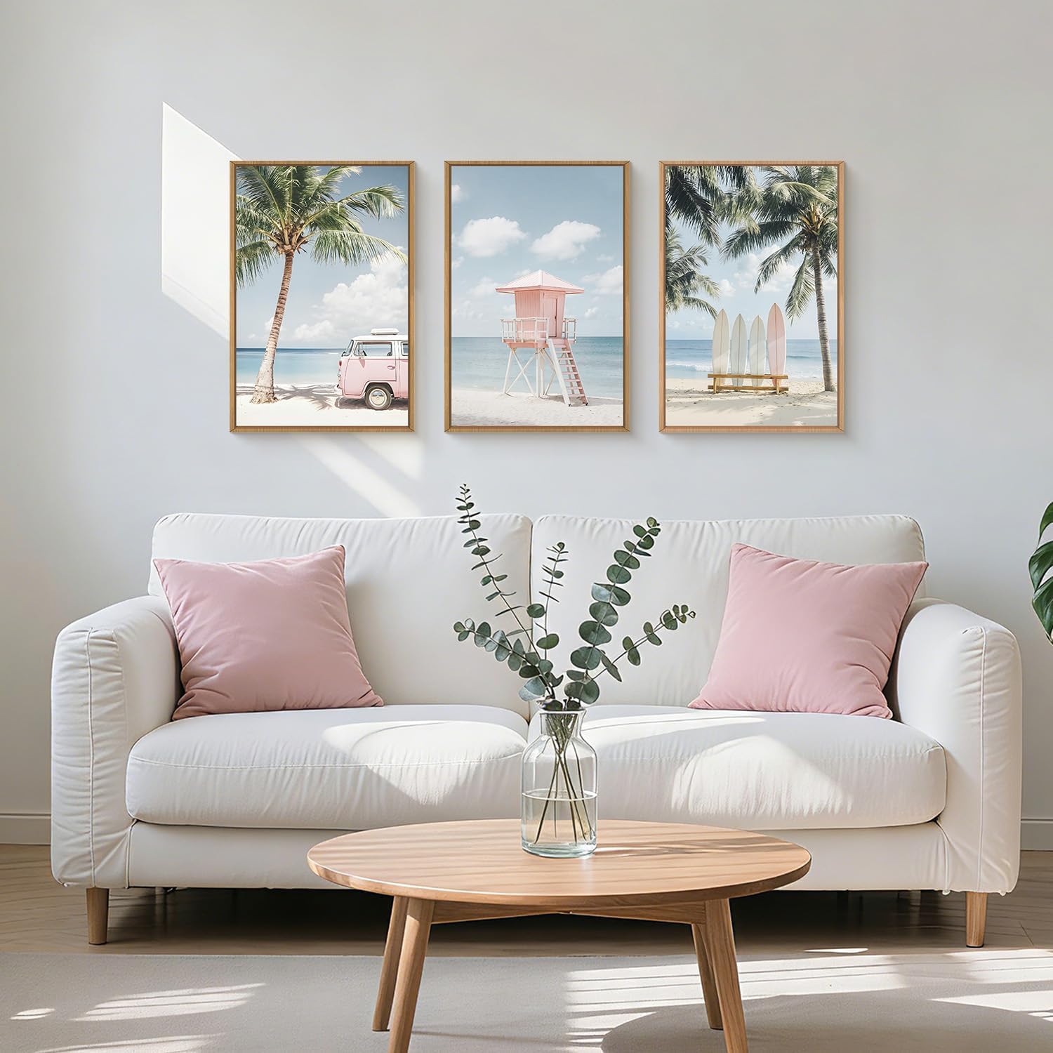 TOARTi Pastell Rosa Palme Leinwanddrucke Tropische Surfbrett Sommer Dekor Gerahmte Strand Wandbilder 3er Set Modern Tropische Wanddekoration mit Bulli für Wohnzimmer Schlafzimmer Badezimmer 30x40CM