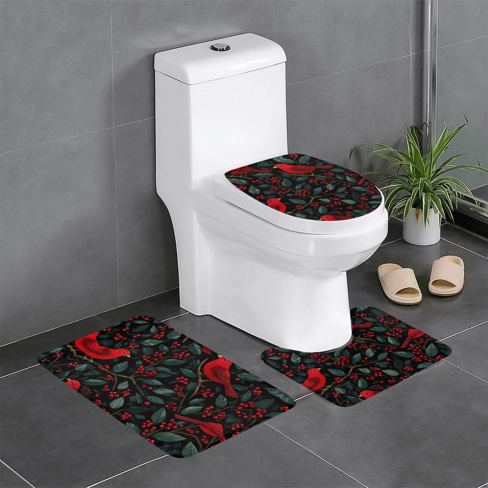 Tapis de salle de bain Red Bird Holly Berry lot de 3 pour toilettes et lavabo