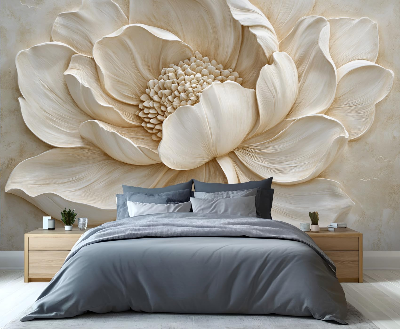 GIVLWF Peony Wallpaper, 3D Embossed Flowers Self Adhesive Wallpaper for Living Room, Elegant White Wall Paper for Bedroom, Luxury Wall Mural, Minimalism Large Mural & Room Decor