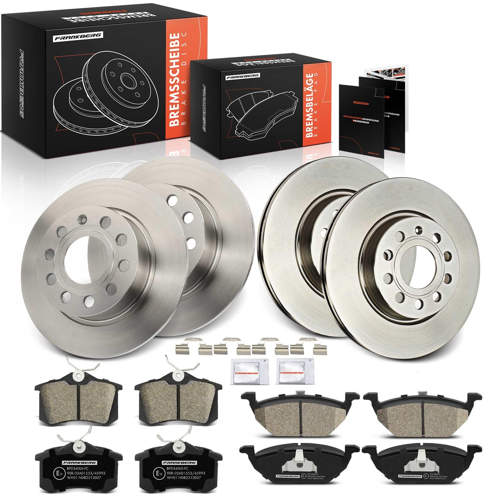 Frankberg 4 x tarcze hamulcowe + 8 x klocki hamulcowe przód tył 1E0698451 | JZW698151; Kompatybilny z Altea XL 5P5 5P8, A3 8P1, Golf Plus 521 5M1, O.c.t.a.v.i.a II 1Z3, Beetle 5C1 5C2, Golf VI 5K1
