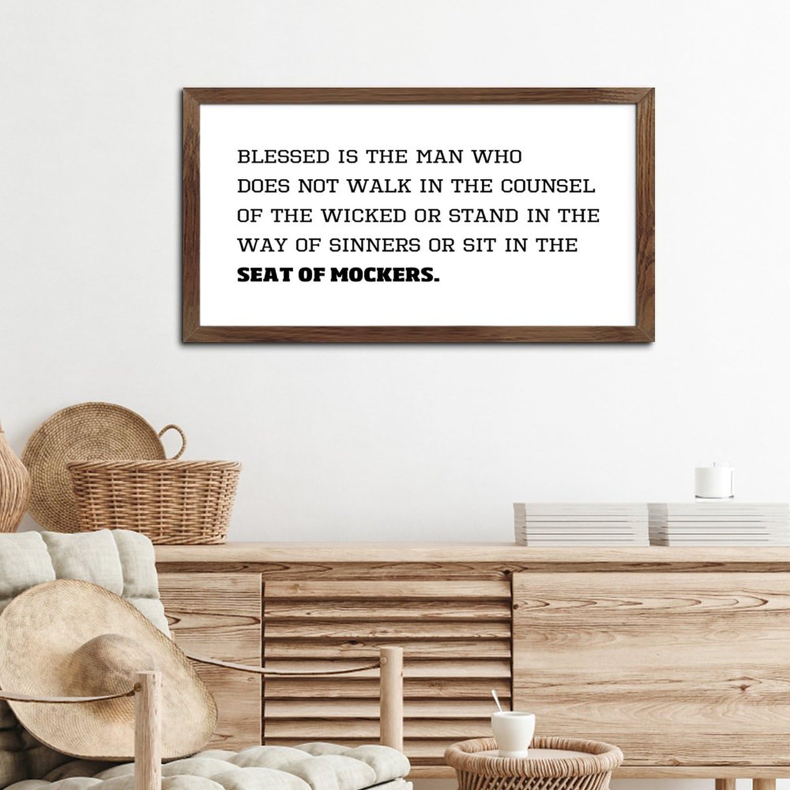 Nowoczesny oprawiony drewniany znak 'Blessed Is The Man Who' sztuka ścienna dekoracyjna do kominka rustykalna wiejska drewniana tabliczka znak sztuka chrześcijańska katolickie prezenty łazienka