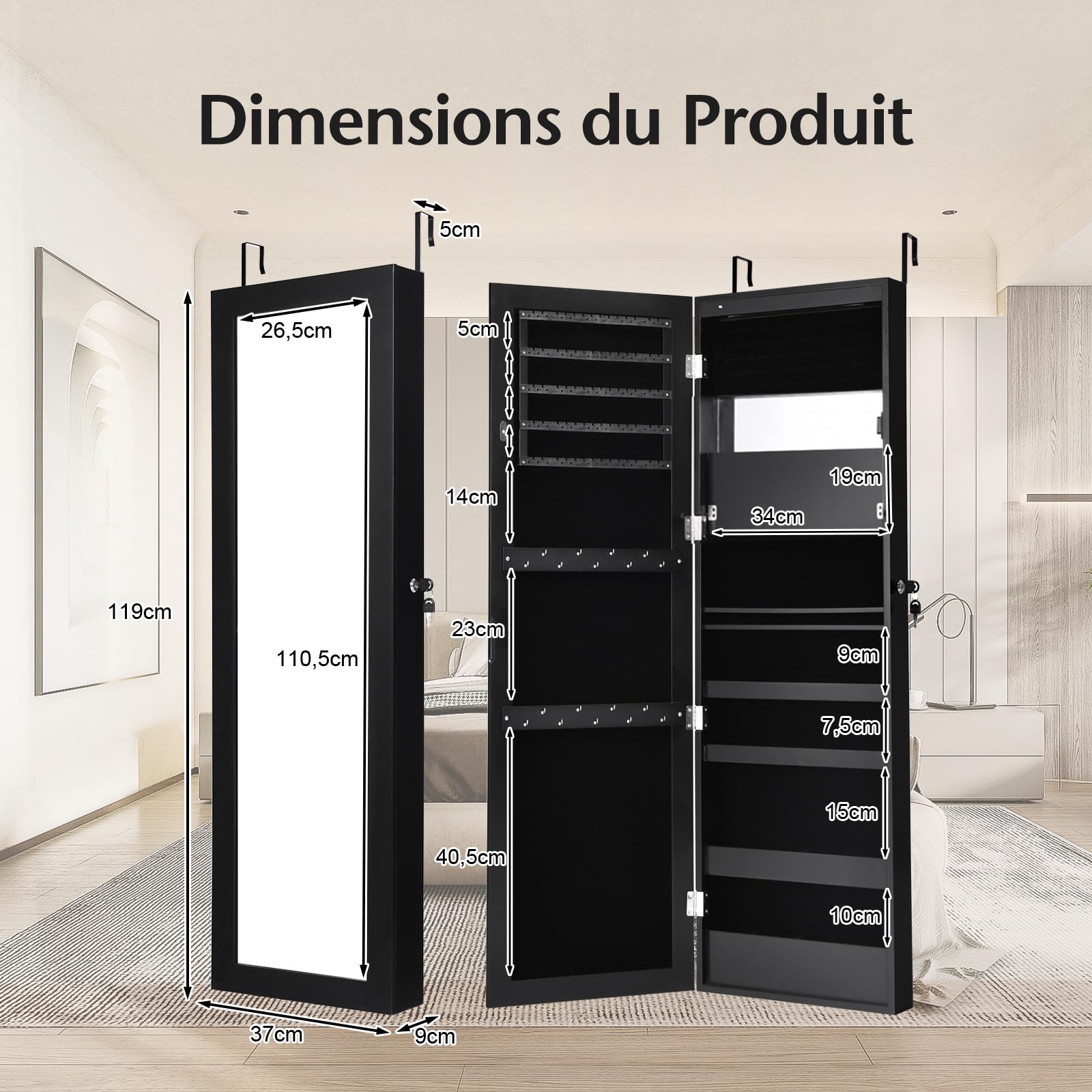 COSTWAY Armoire à Bijoux Murale avec Miroir 12 LED, Meuble de Rangement Verrouillable Pleine Longueur, Organisateur de Bijoux avec Étagères de Rangement, Style Scandinave, Noir