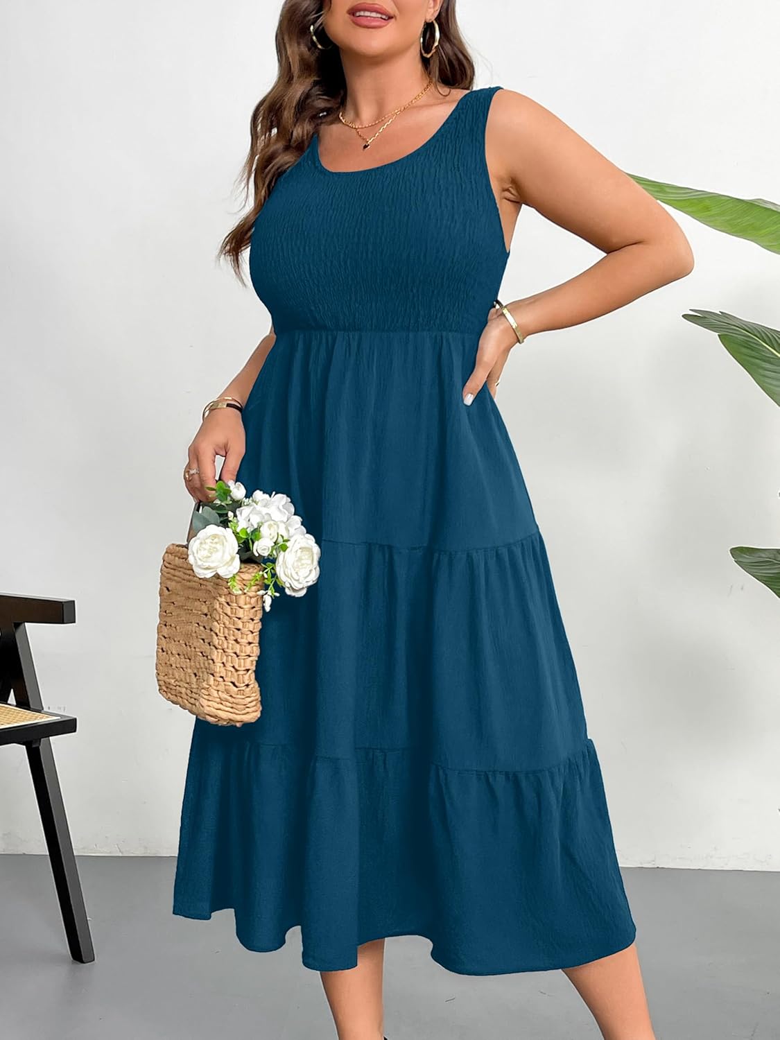 RWJ Plus Size Summer Sleeveless Tank Dress for Women 2025 Smocked Casual Loose Sundress Flowy Beach Tiered Long Midi Dresses - Image 4