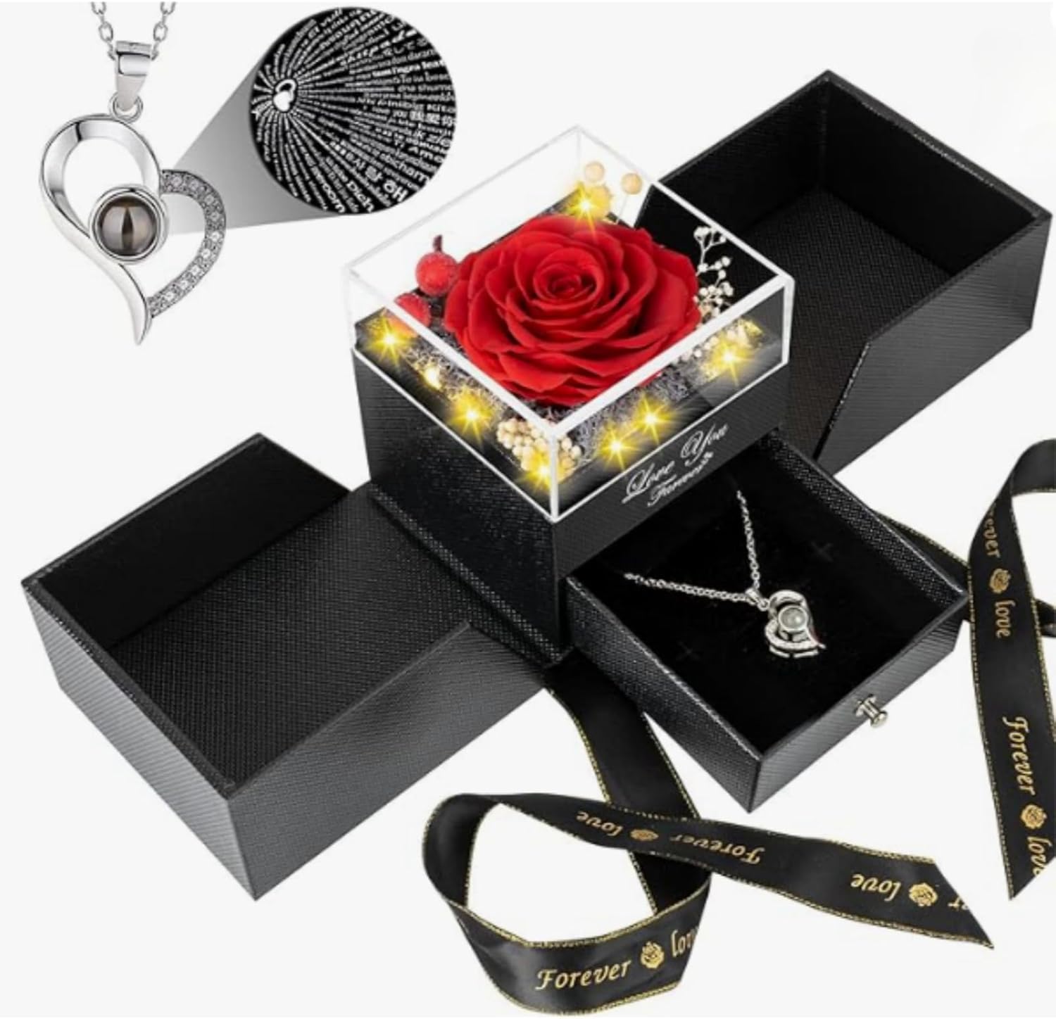 Preserved Rose with Necklace -Eternal Rose - Unique Gift for Mom Wife Girlfriend Grandma on Birthday