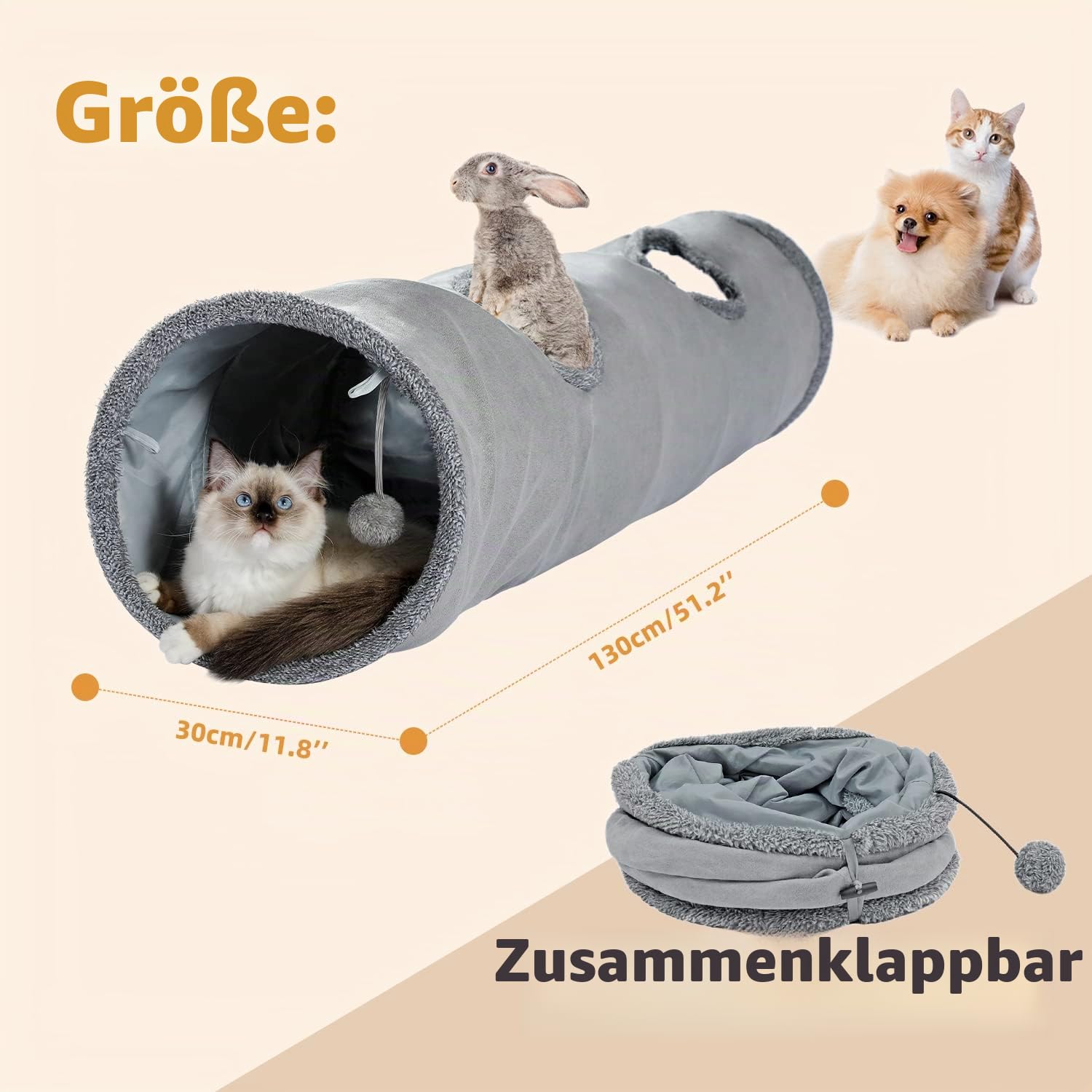 OHANA Schön Faltbar Katzentunnel Katzenspielzeug mit Ball Rascheltunnel für Katzen Welphln Kaninchenoder Kleintiere Grau 130 * 30cm