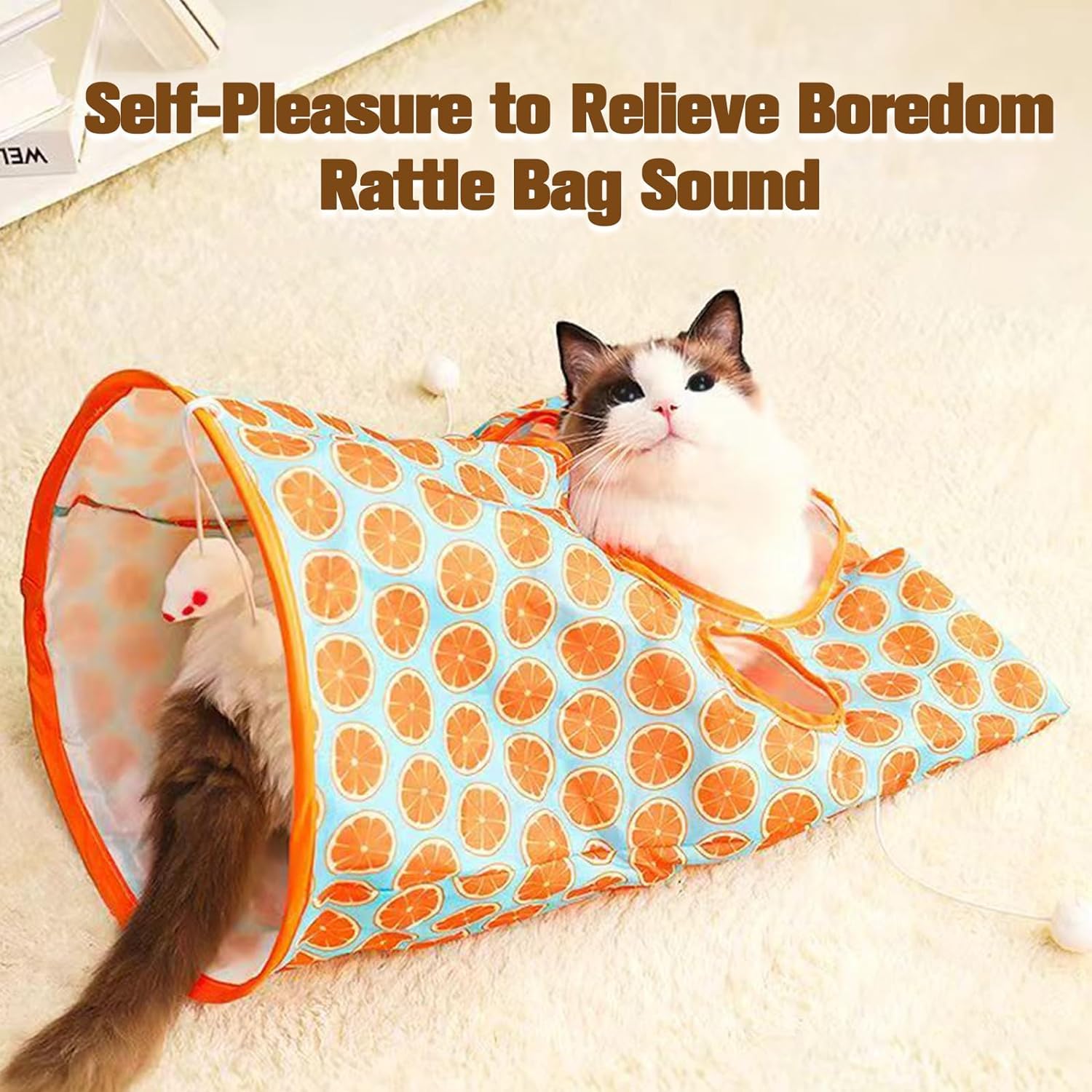 Juguete de túnel plegable para gatos, bolsa plegable para ocultar y jugar para interiores, juguete interactivo de cueva para gatos, con 1 ratón pequeño y 3 bolas de juguete, patrón naranja