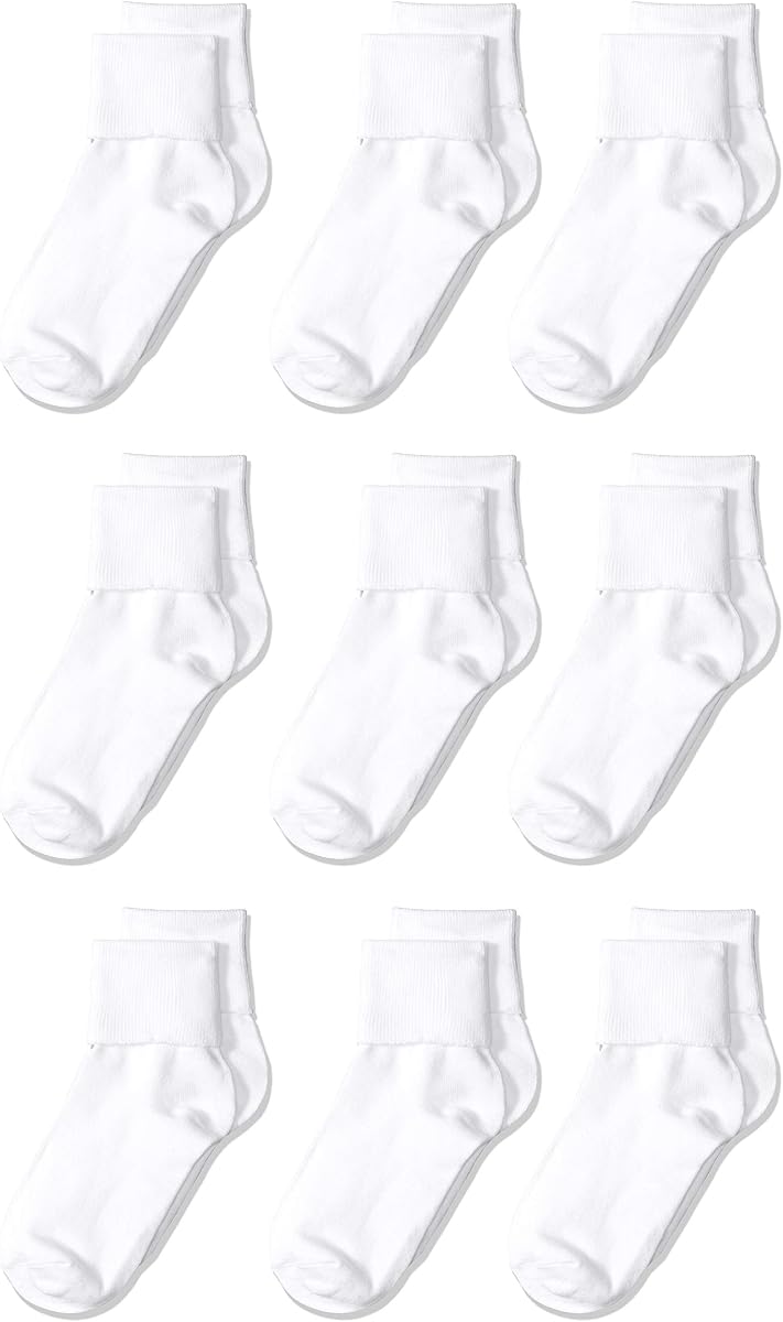 Amazon Essentials Girls and Toddlers' Cotton Blend Ankle Uniform Turn Cuff Socks, 9 Pairs