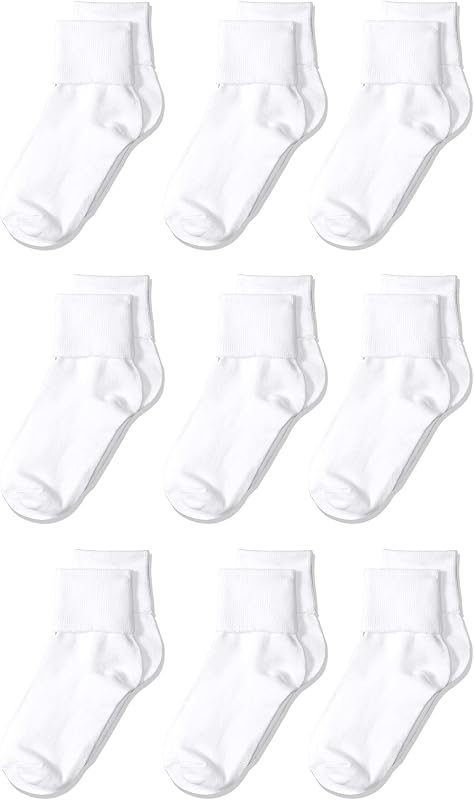 Amazon Essentials Girls and Toddlers' Cotton Blend Ankle Uniform Turn Cuff Socks, 9 Pairs