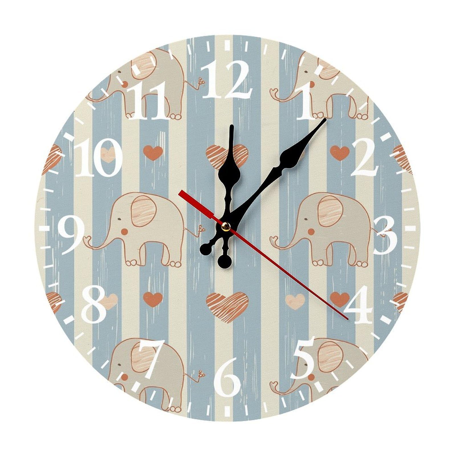NTVOWPZO 10 Inch Wall Clock Stripes and Elephants Battery Operated Wall Clocks Silent Non-Ticking Round Wall Clock for Living Room Kitchen Home Office Wall Decorative Clock