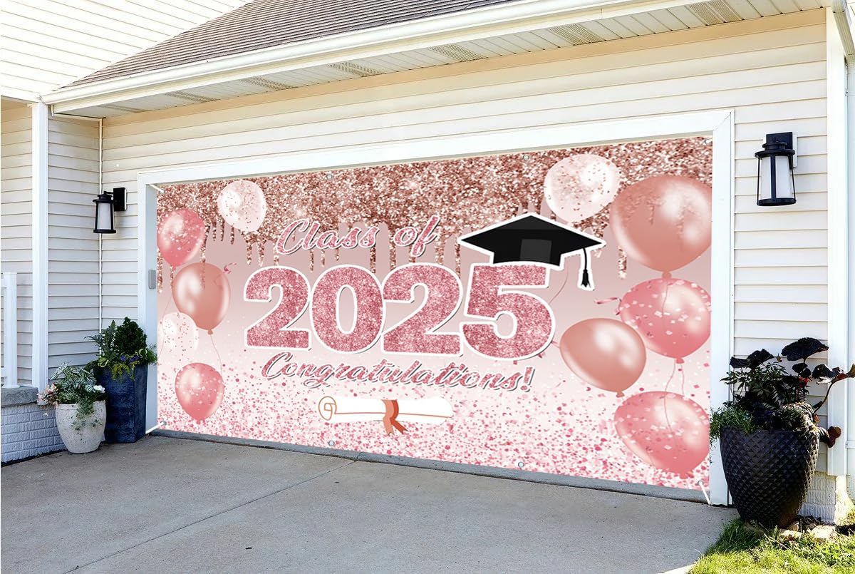 6x13ft Pink Graduation Garage Door Decor Rose Gold Balloon Class of 2025 Congratucations Black Bachelor Hat Shining Diamonds Photography Background College Prom Grad Party Decors
