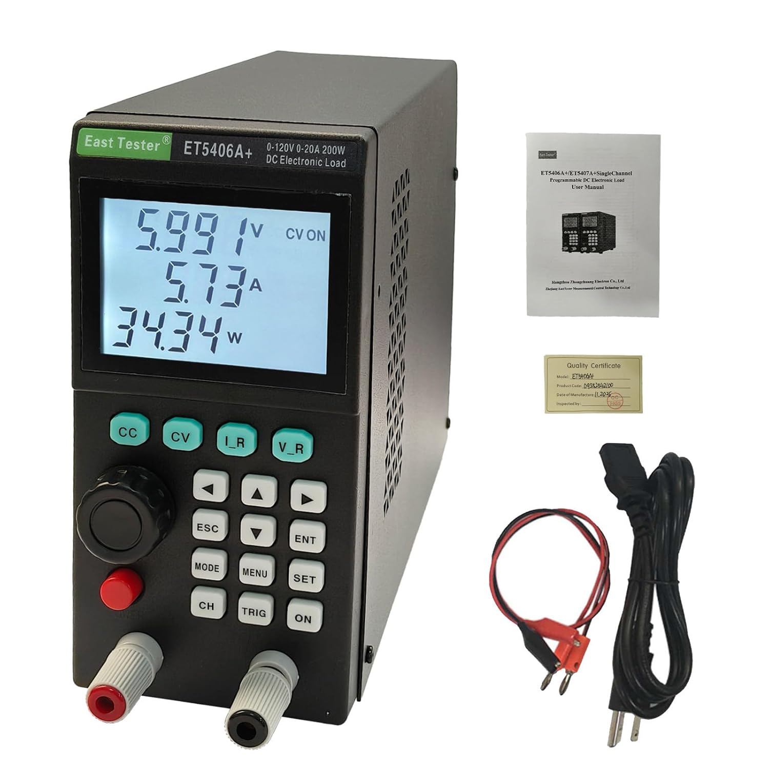 ET5406A+ Programmable Electronic Load Tester 200W 120V 20A, High-Precision DC Load with CC/CV/CR/CP Modes Battery Capacity Test USB Remote Control LCD Display for Power Supply Charger Testing