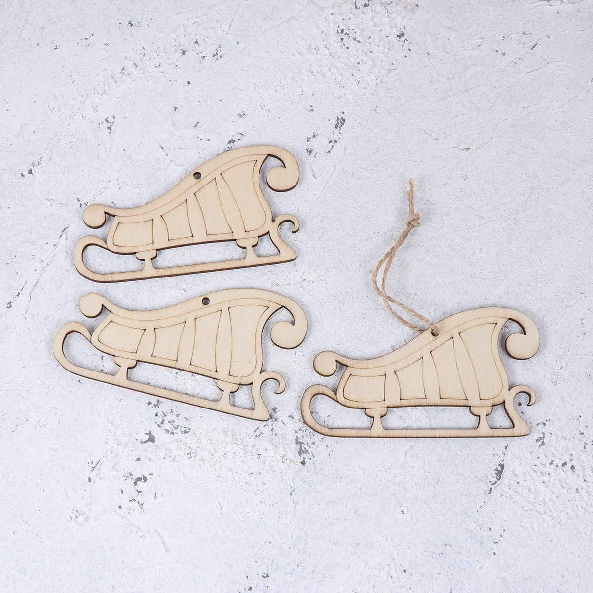 Happyyami 10pcs Hanging Wooden Christmas Tree Decorations Ornaments Unfinished Wood Christmas Sleigh Cutouts Shapes Wooden Gift Tags Wooden Slices for DIY Craft Painting