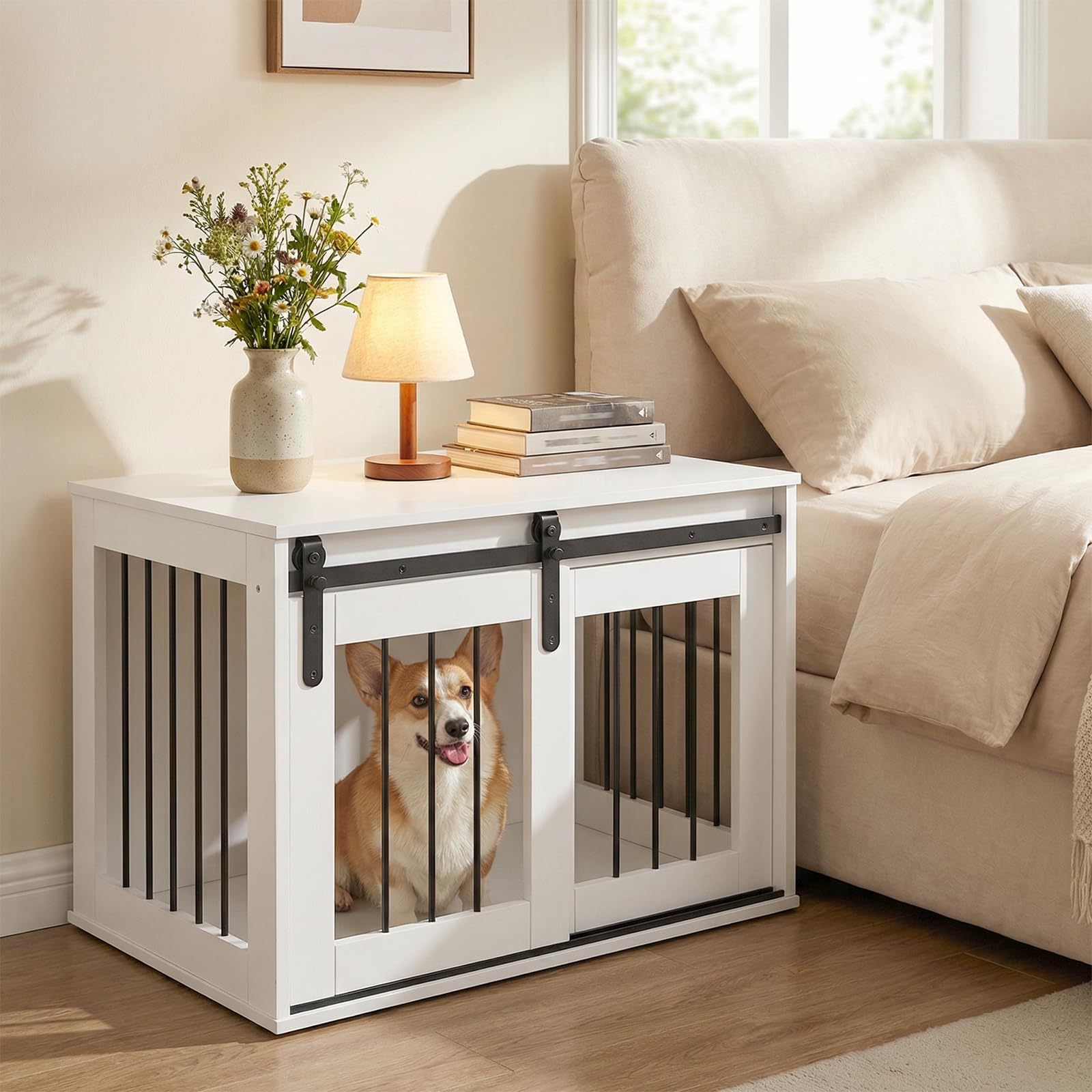 FANTASK Hundekäfig Möbel 80 cm, Hundebox mit Schiebetür & Metallrahmen, Hundeschrank aus Holz als Beistelltisch für kleine & mittelgroße Hunde, für Wohnzimmer, Schlafzimmer & Flur (Weiß)