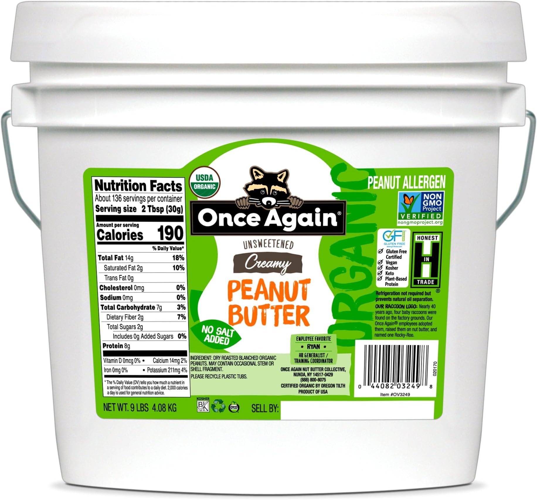 Once Again Organic Creamy Peanut Butter 9 Pound Bucket - No Sugar Added, Single Ingredient, Unsalted, Natural Peanut Butter Bulk, No Palm Oil - Non-GMO, Gluten Free - Smooth and Unsweetened