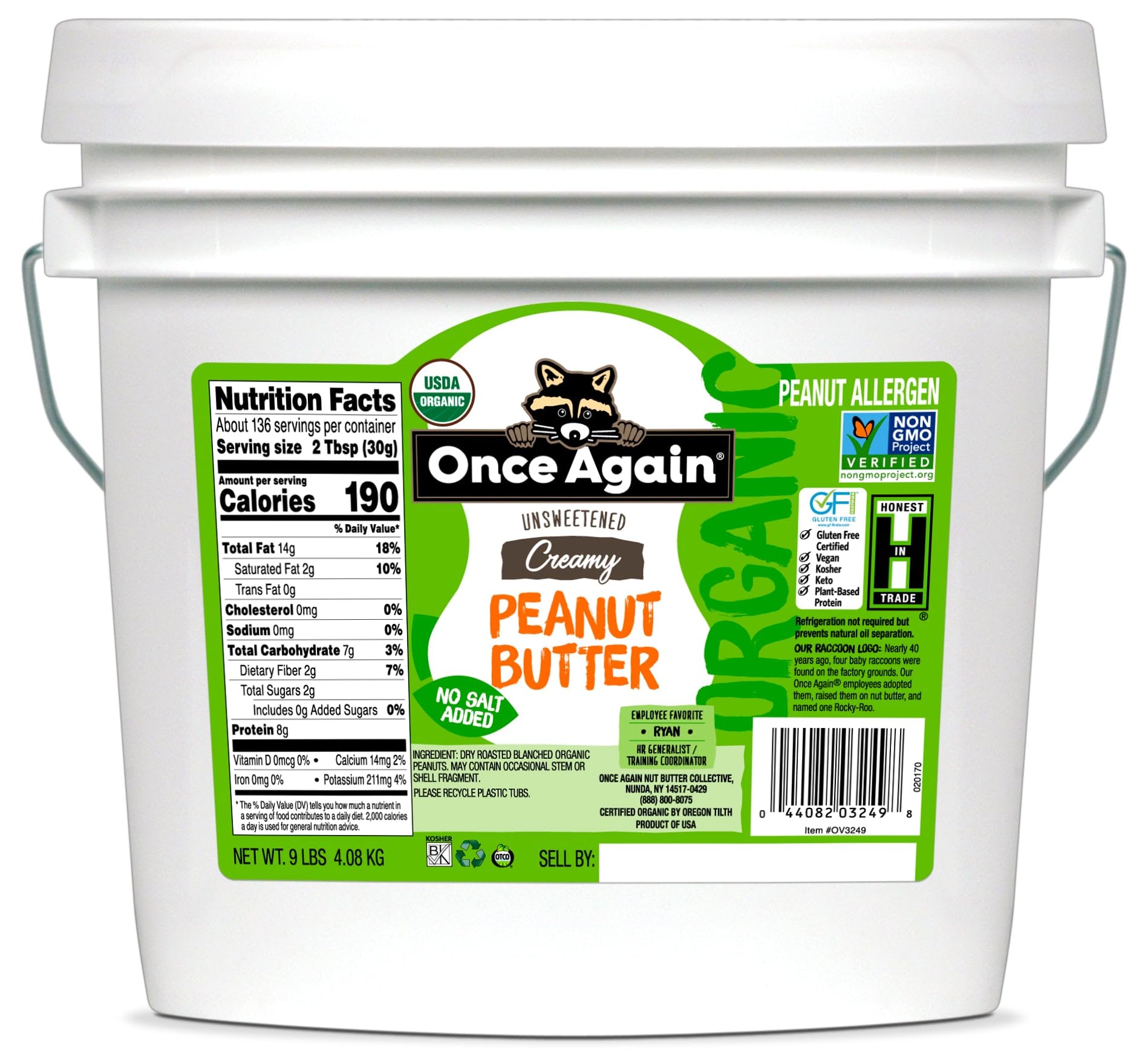 Once Again Organic Creamy Peanut Butter, 9 Pounds (Same As 9 Jars) - Unsalted, Sugar Free - Organic Usda, Certified Gluten Free, Vegan, Kosher