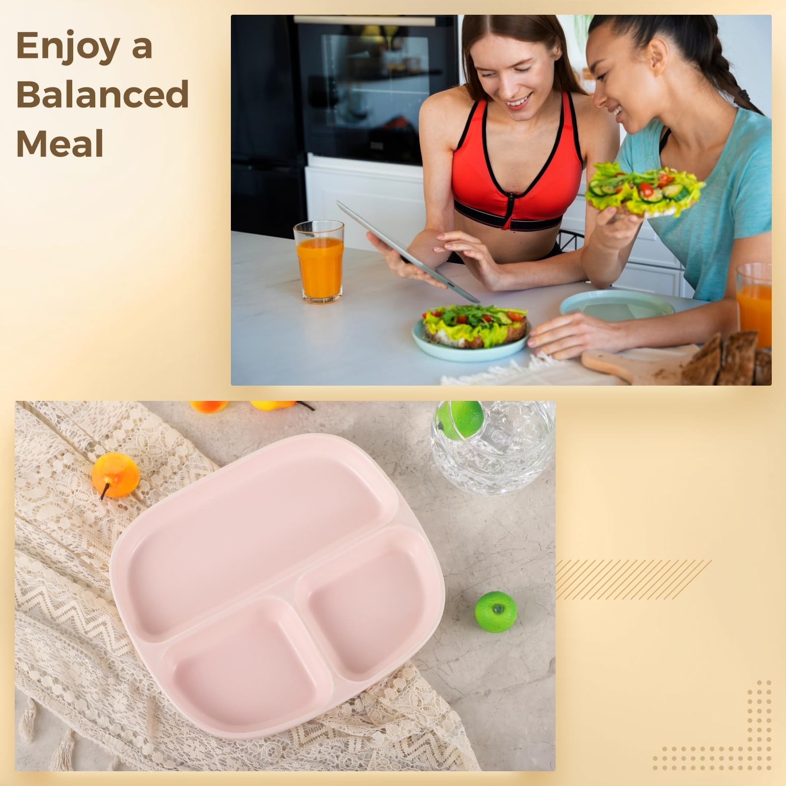 Lot de 2 assiettes de contrôle des portions en céramique de 21,6 cm pour adultes, assiettes carrées en porcelaine pour repas équilibrés, rose
