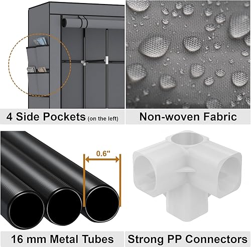 Miniatura 6 de Armario portátil de 67 pulgadas para colgar ropa, armario con tapa, 4 varillas para colgar y bolsillos laterales, 8 estantes de almacenamiento,