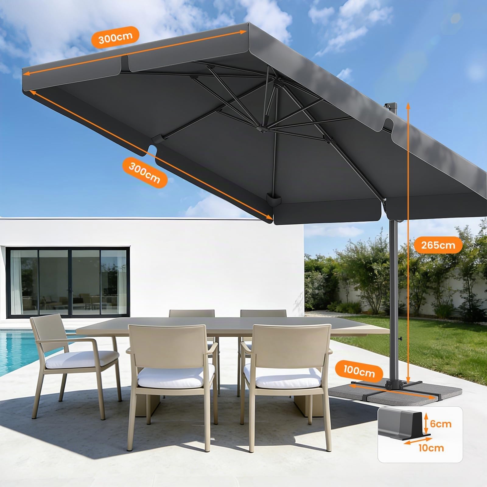 YEAUPE PRO Sombrilla Terraza Exterior 3x3m Giratorio 360°, Parasol Jardín con Altura Ajustable, Sombrilla Grande Cuadrado para Patio, Jardín y Piscina con Protección UV 50+, 300 x 250 cm