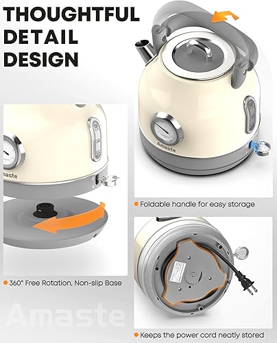 Miniatura 7 de Amaste Hervidor eléctrico, hervidor de té eléctrico retro con termómetro, hervidor de agua caliente de 57 onzas para café y té, acero inoxidable