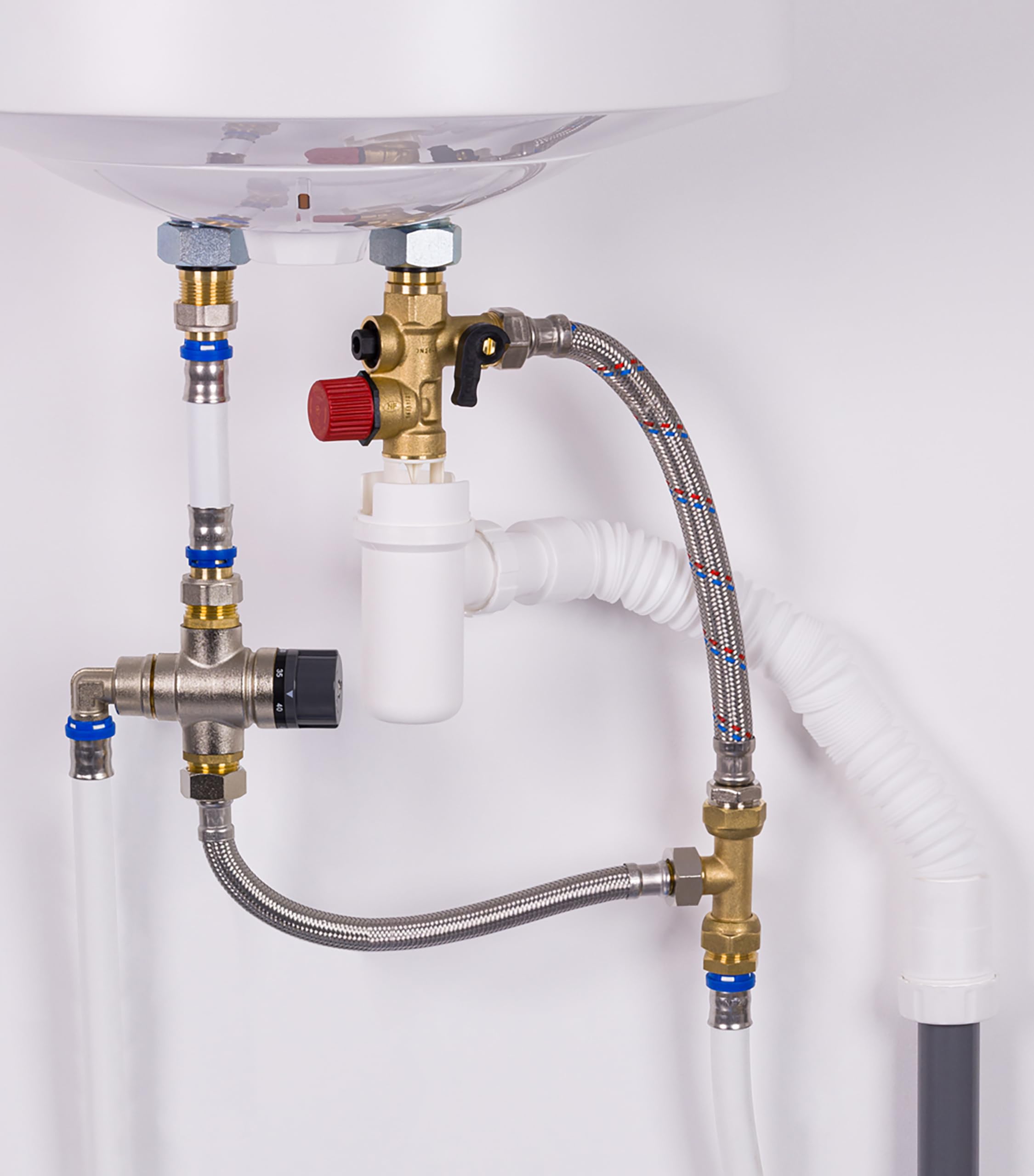 Kit raccordement Groupe de sécurité droit norme NF 20x27 (3/4) siège laiton + siphon + flexibles d'alimentation + flexible évacuation + teflon chauffe eau/cumulus NOYON & THIEBAULT