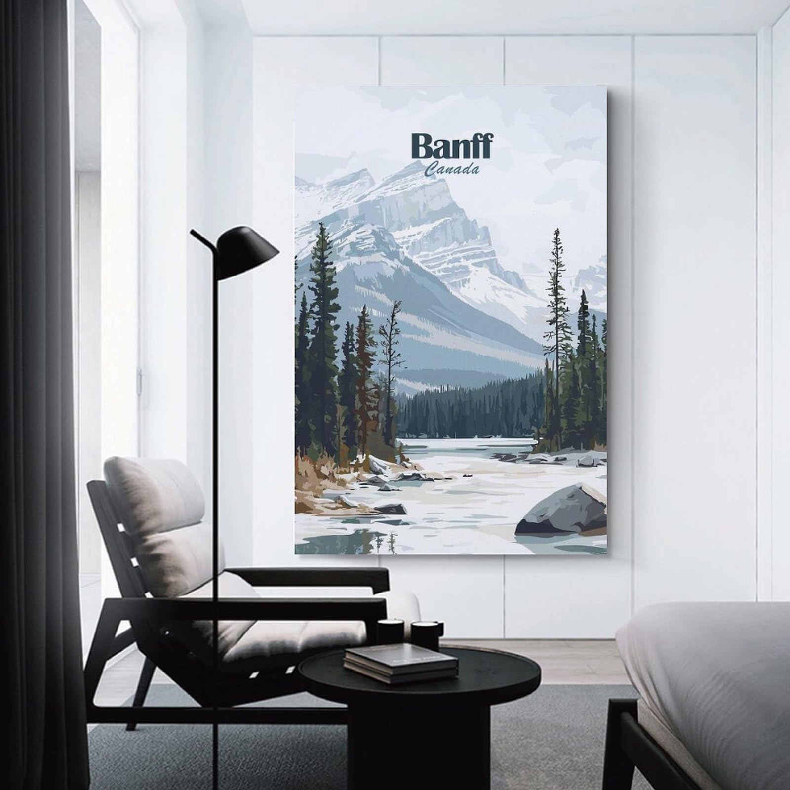 Junmoney Banff Canada Mountain Landscape Illustration Hanging Wall Art 24x36inch(60x90cm), for New Homes, Bedrooms Or Workspaces, Thoughtful Wall Decor for Art Lovers
