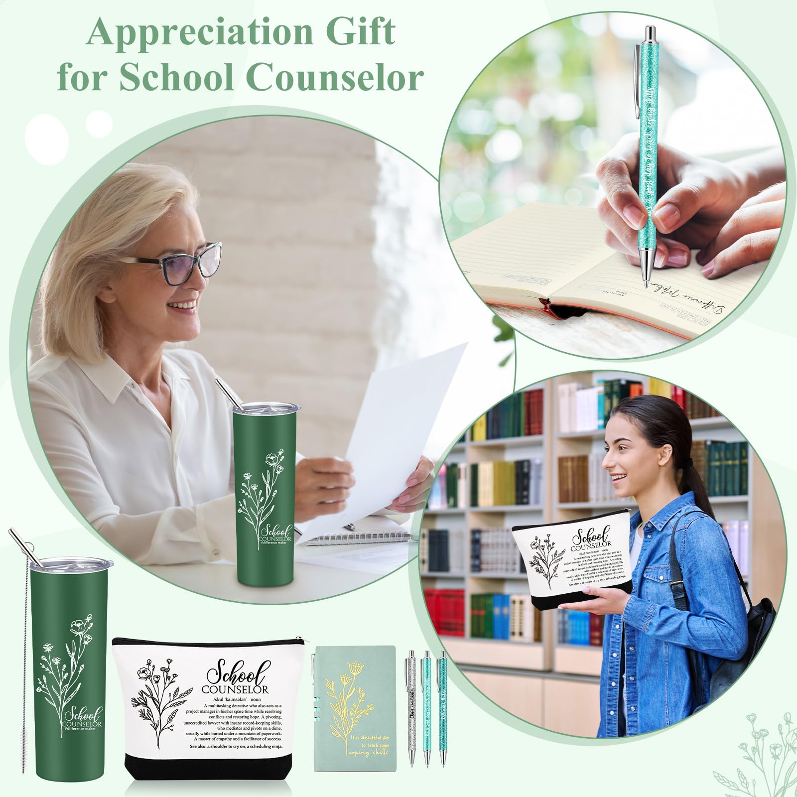 Funnymoom 6 Pcs School Counselor Appreciation Gift Set for Women Thank You Gifts 20 oz Boho Flower Tumbler Makeup Bag Journal Ballpoint High School Teacher Educator Work(Green, Counselor)