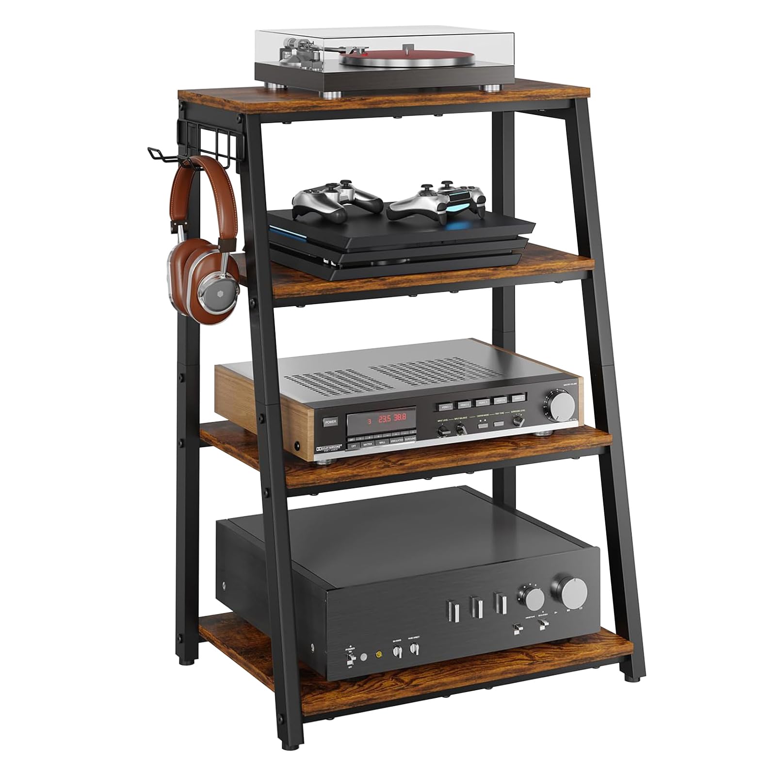 TWSOUL Rack HiFi a 4 livelli, giradischi, in legno e acciaio, torre audio, scaffale da gioco in legno con ripiani aperti, per giradischi e impianti stereo e impianto compatto, 48 x 36 x 80 cm
