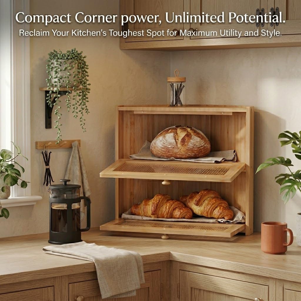 2-Tier Corner Bread Box for Kitchen Countertop,Large Bamboo Bread Storage Box for Homemade Bread,Sourdough,Bagels,Rolls & Pastries,White image 3