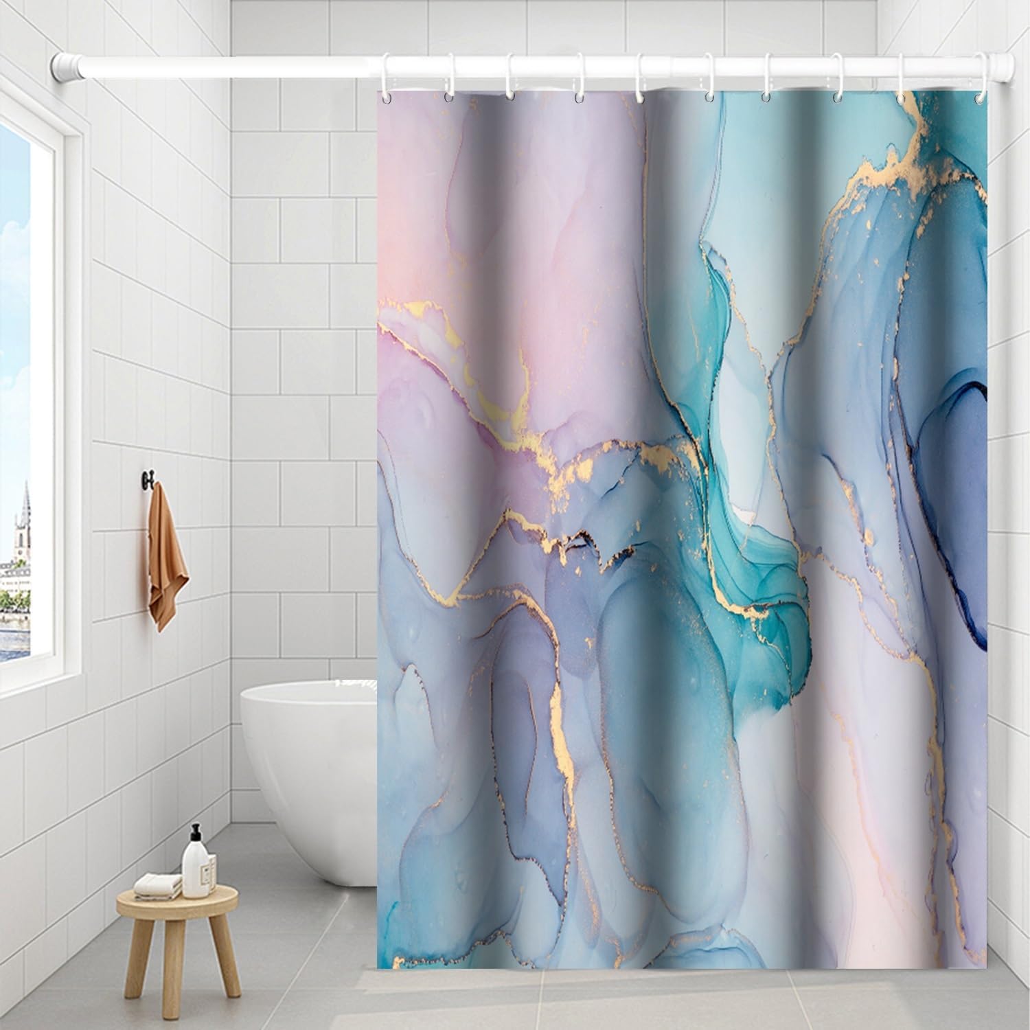 Marble Shower Curtain 72x72 inches for Bathroom Abstract Pale Pink Blue Bathtub Room Partition Hotel Decoration Modern Mineral Waterproof Fabric Shower Curtains Set with Hooks