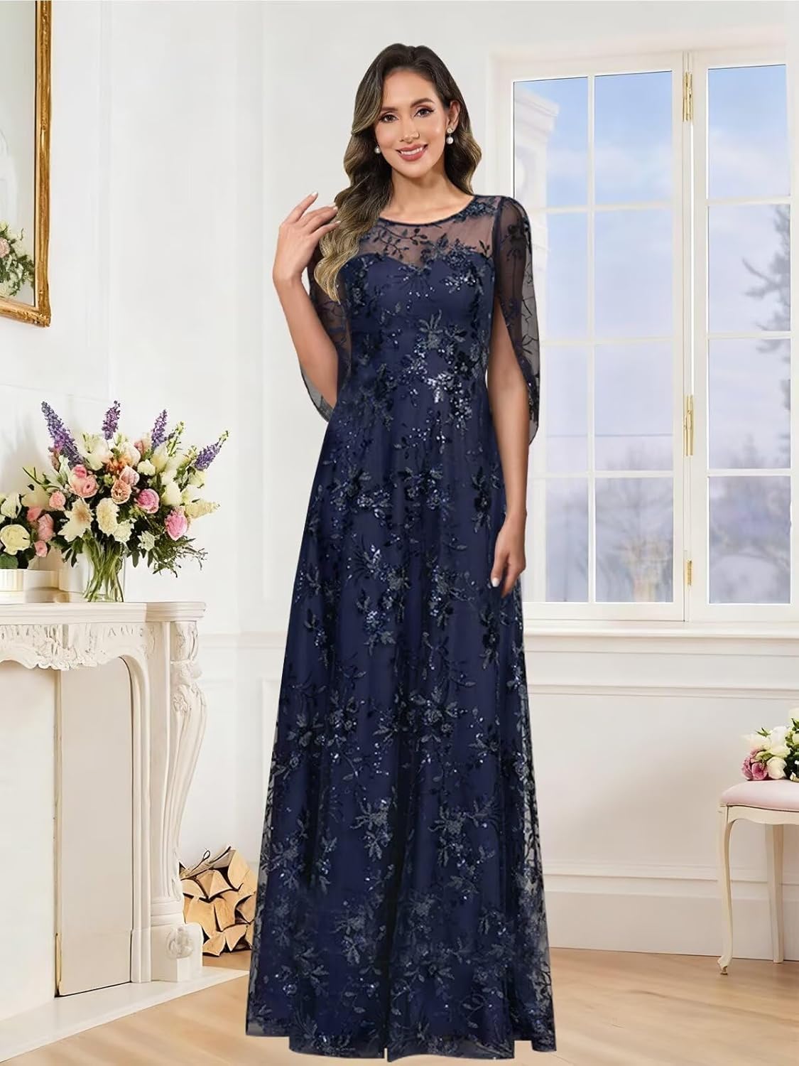 Lace Applique Mother of Bride Dresses Long Sequin Cape Sleeve Chiffon Formal Dress - Image 3