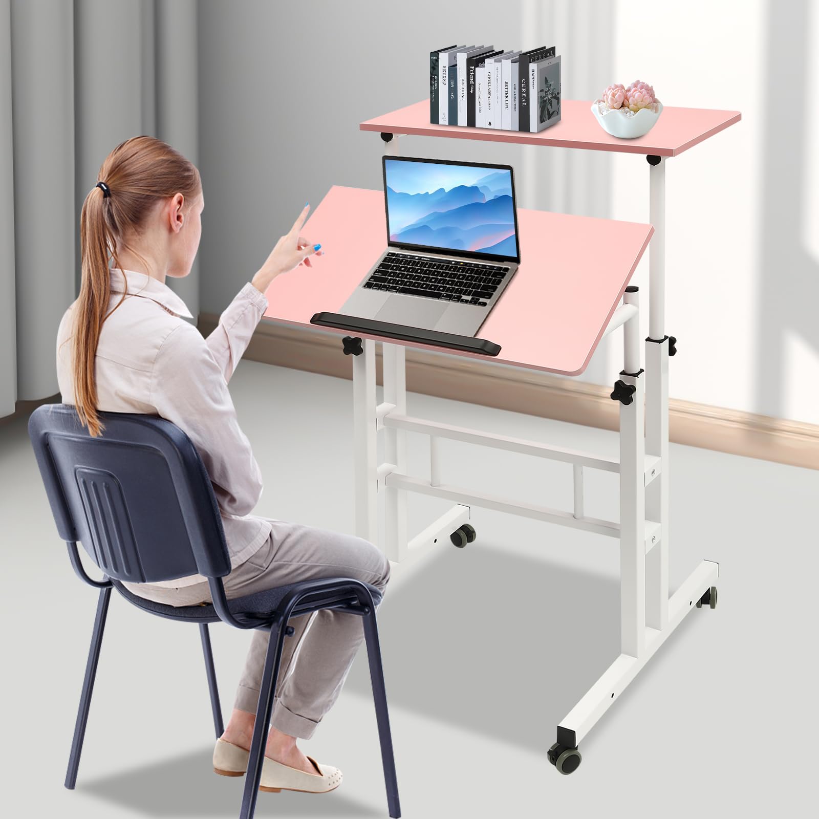 Stand up Desk Small Standing Desk w Wheels Adjustable Height Standing Desk Mobile Standing Desk Rolling Laptop Cart — view 2