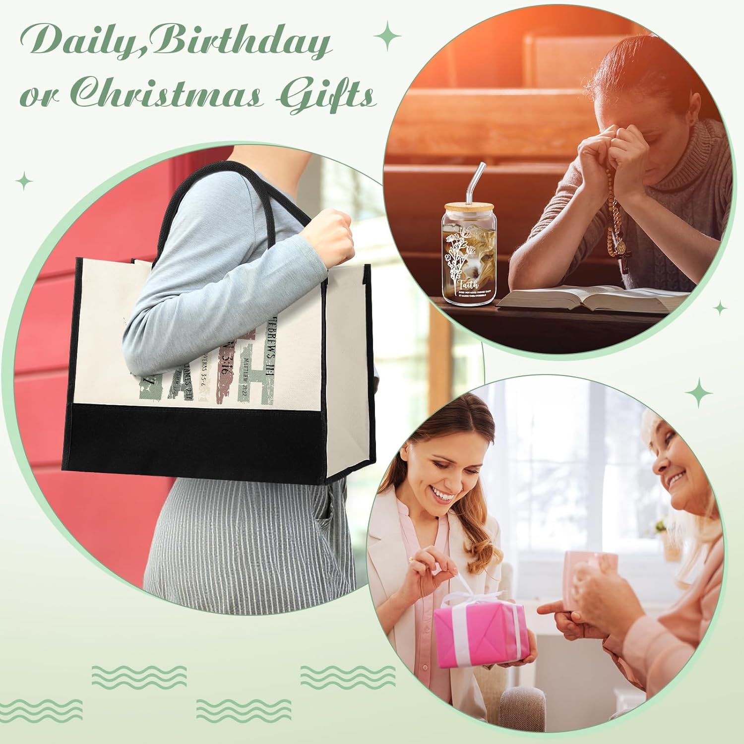 6 Pcs Christian Gifts for Women Faith Set Religious Gift for Women with Tote Bag Makeup Bag Candle Cross Necklace Cup Greeting Card for Birthday Valentine Easter Church Inspiration(Green) - Image 3