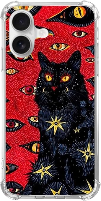 Black Cat Psychedelic Hippie Cat Phone Case Compatible with iPhone 16, Trippy Cute Cool Animal Black Cat Case for iPhone 16, Unique Trendy Soft TPU Bumper Cover