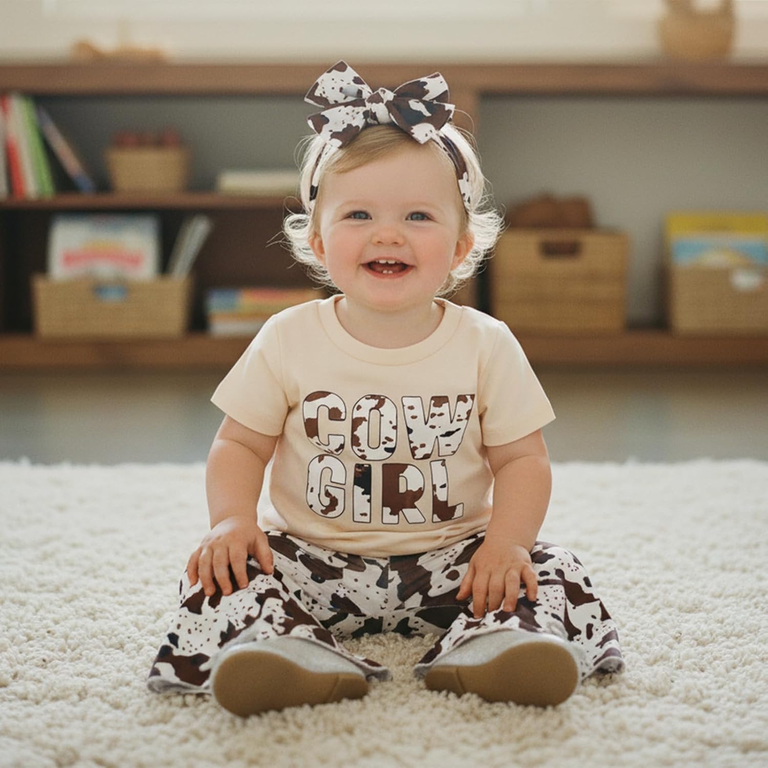 Western Toddler Baby Girl Summer Clothes Letter Short Sleeve T Shirt Top Cow Print Flare Pants Headband 3 Piece Set - Image 2
