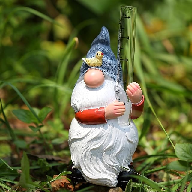 WXCTEAM Rain Gauges Gnome Garden Statue Decoration with Two Glass Rain Gauge Tube, Hand Painted Resin Gnome Sculpture Water Gauge for Yard Fence Patio Lawn Deck