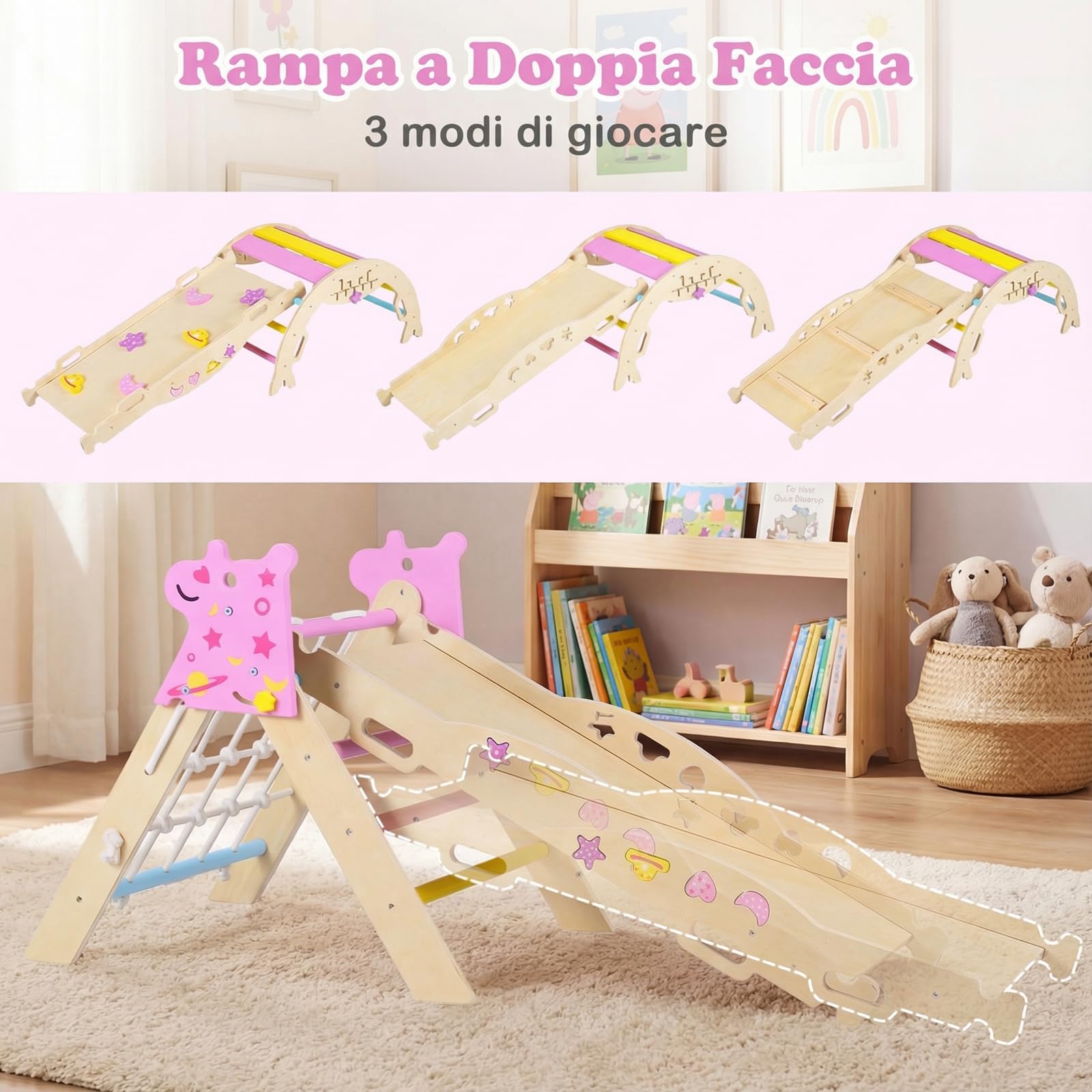 RELAX4LIFE Set da Arrampicata per Bambini, Triangolo di Arrampicata con Scivolo e Arco, Gioco di Incastri in Legno, Gioco Montessori per Bambini 1+ Anni (Unicorno con Rete-3 Pezzi | Macaron)