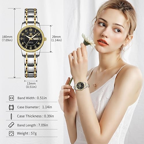 Miniatura 3 de OLEVS Reloj para mujer, relojes automáticos para mujer con pulsera de acero inoxidable de dos tonos, elegantes relojes de mujer de oro rosa, relojes