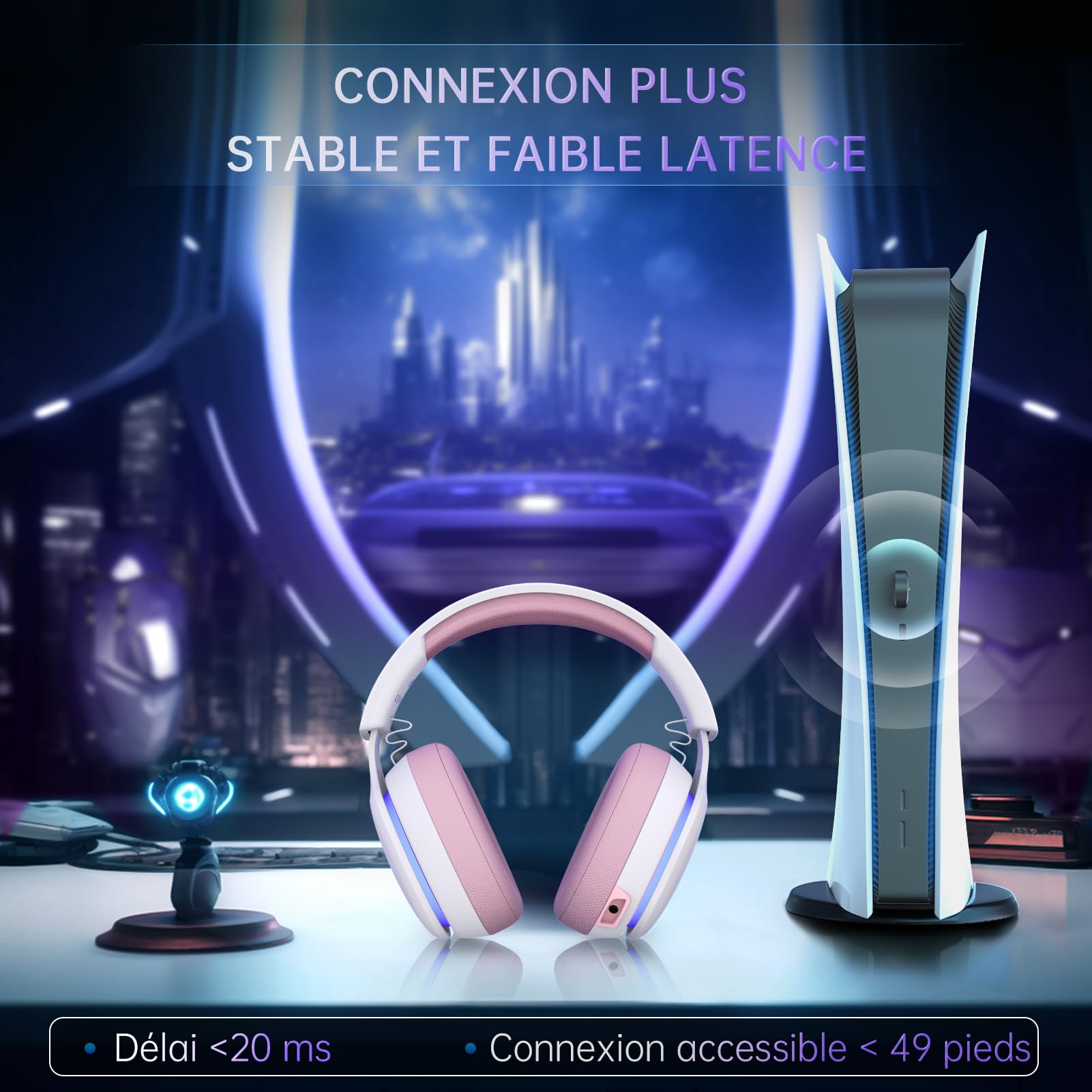 Gvyugke Casque Gaming sans Fil, Casque Gamer 2,4 GHz pour PC/PS5/Switch, Casque Gaming PS5 avec Transducteurs 50mm, Microphone Anti-Bruit, Casque PS5 avec Son Surround (Rose)