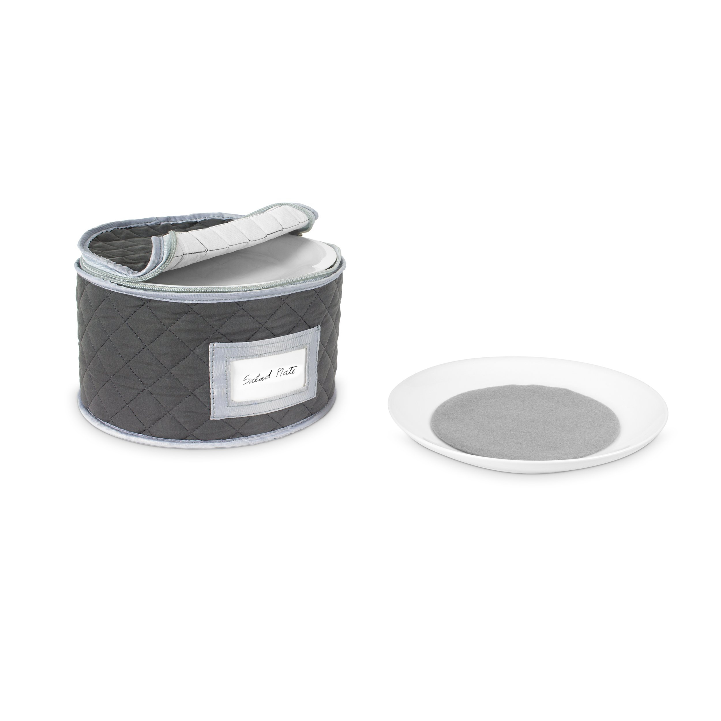 Stack Store Plus More China Storage Case - Salad Plate Quilted Case - 10 inches Diameter x 6 inches Height - Gray - Includes 12 Felt Separators