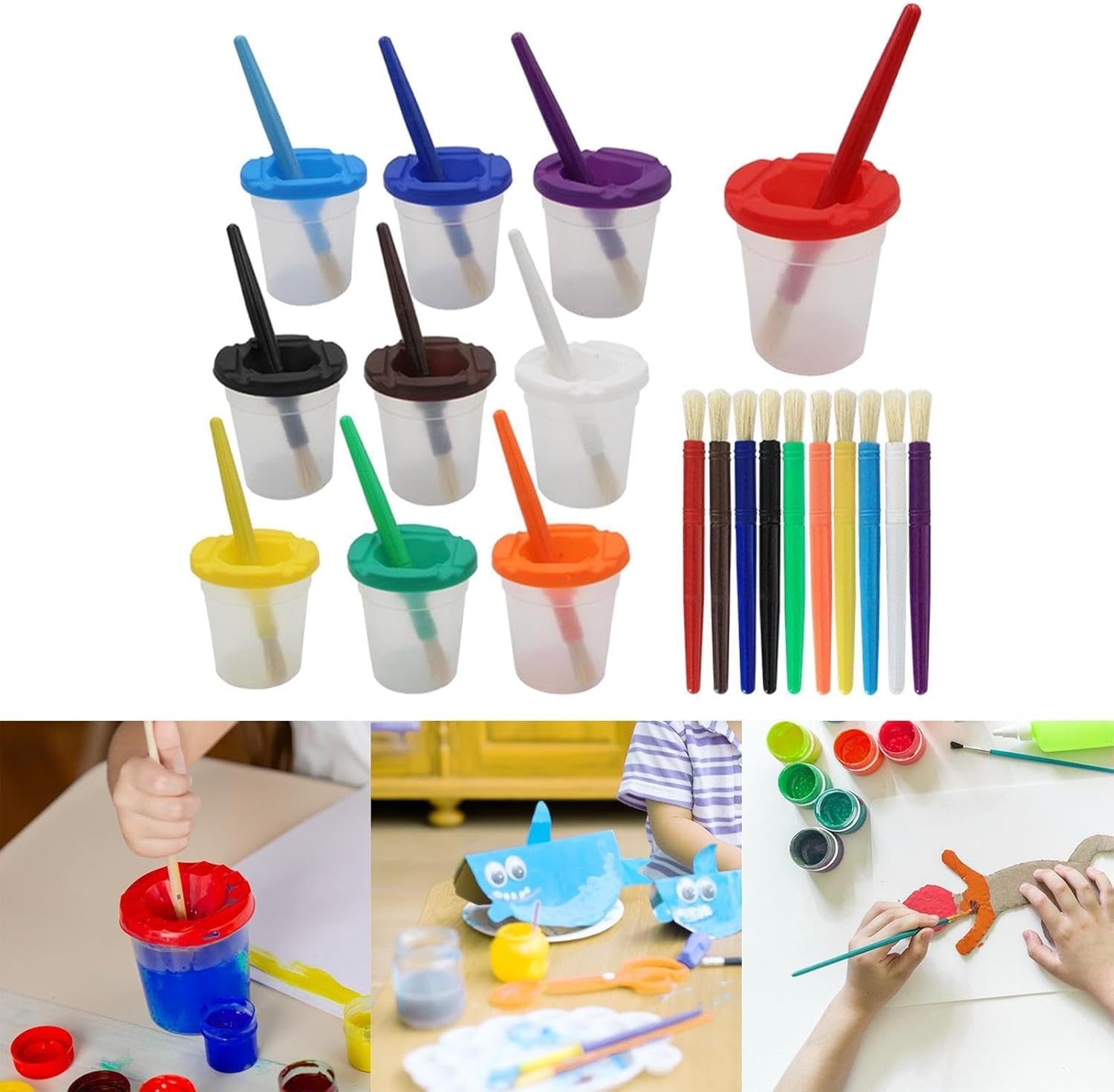 10 Paint Cups with 20 Brushes Creative Washable Easy to Clean Painting Containers Paint Water Cups for Kids