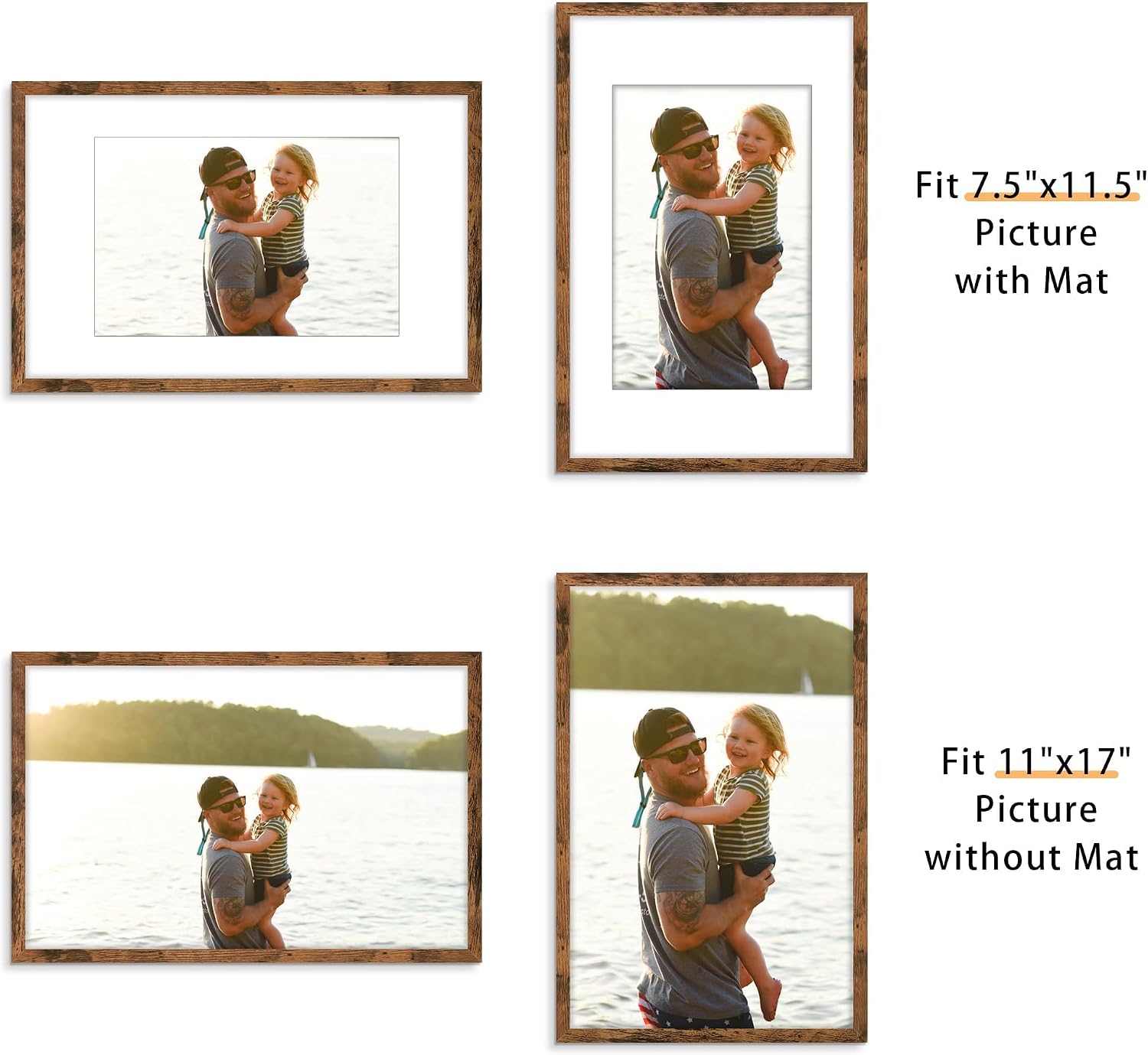 Picrit 11x17 Picture Frame Set of 12, Display 8x12 with Mat or 11x17 without Mat, Photo Frames for Wall Mounting Display, Brown