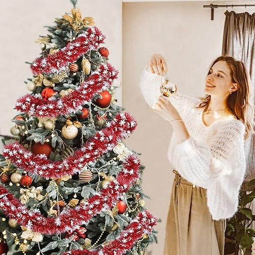 Miniatura 7 de Guirnalda de oropel de Navidad de 33 pies para decoración de árbol de Navidad, brillante, gruesa, roja y blanca con copos de nieve, guirnalda