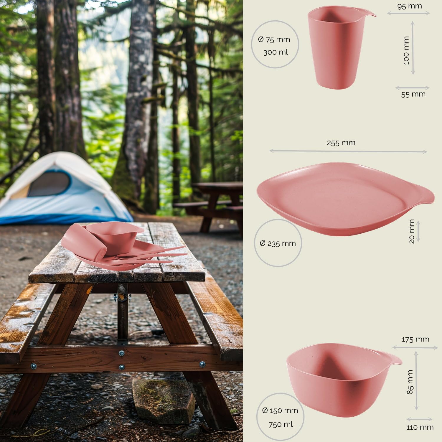 CALIPSO Set di stoviglie da campeggio per 1 persona | stoviglie in plastica infrangibili, 3 pezzi da campeggio, set di stoviglie per giardino, stoviglie in plastica con piatto, ciotola, tazza e posate