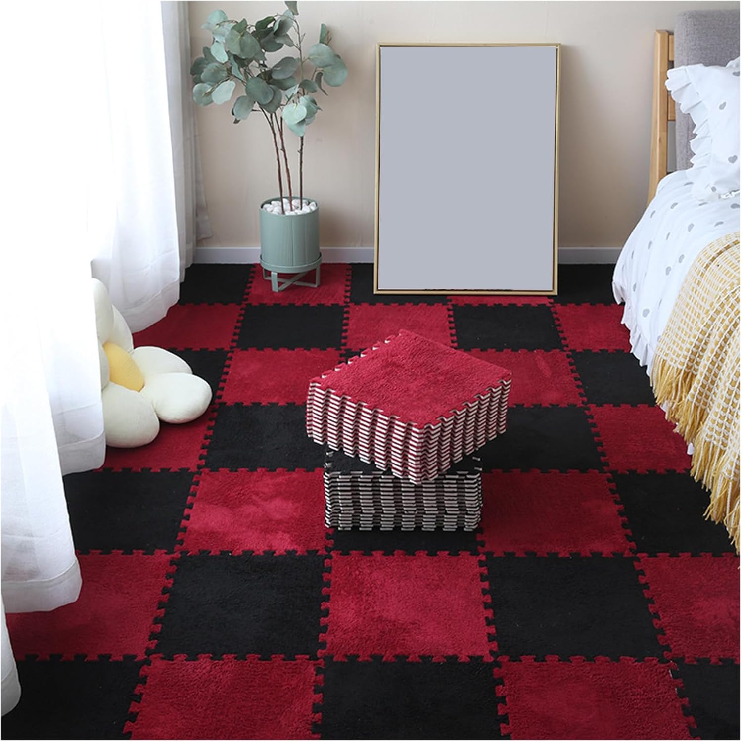 100Pcs Playmat Plush Foam Interlocking Carpet Tiles with Border Square 12X12 in Fluffy Puzzle Pieces Floor Mat Easy to Install and Clean Floor Protection,Red + Black,0.24"