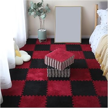 100Pcs Playmat Plush Foam Interlocking Carpet Tiles with Border Square 12X12 in Fluffy Puzzle Pieces Floor Mat Easy to Install and Clean Floor Protection,Red + Black,0.24"