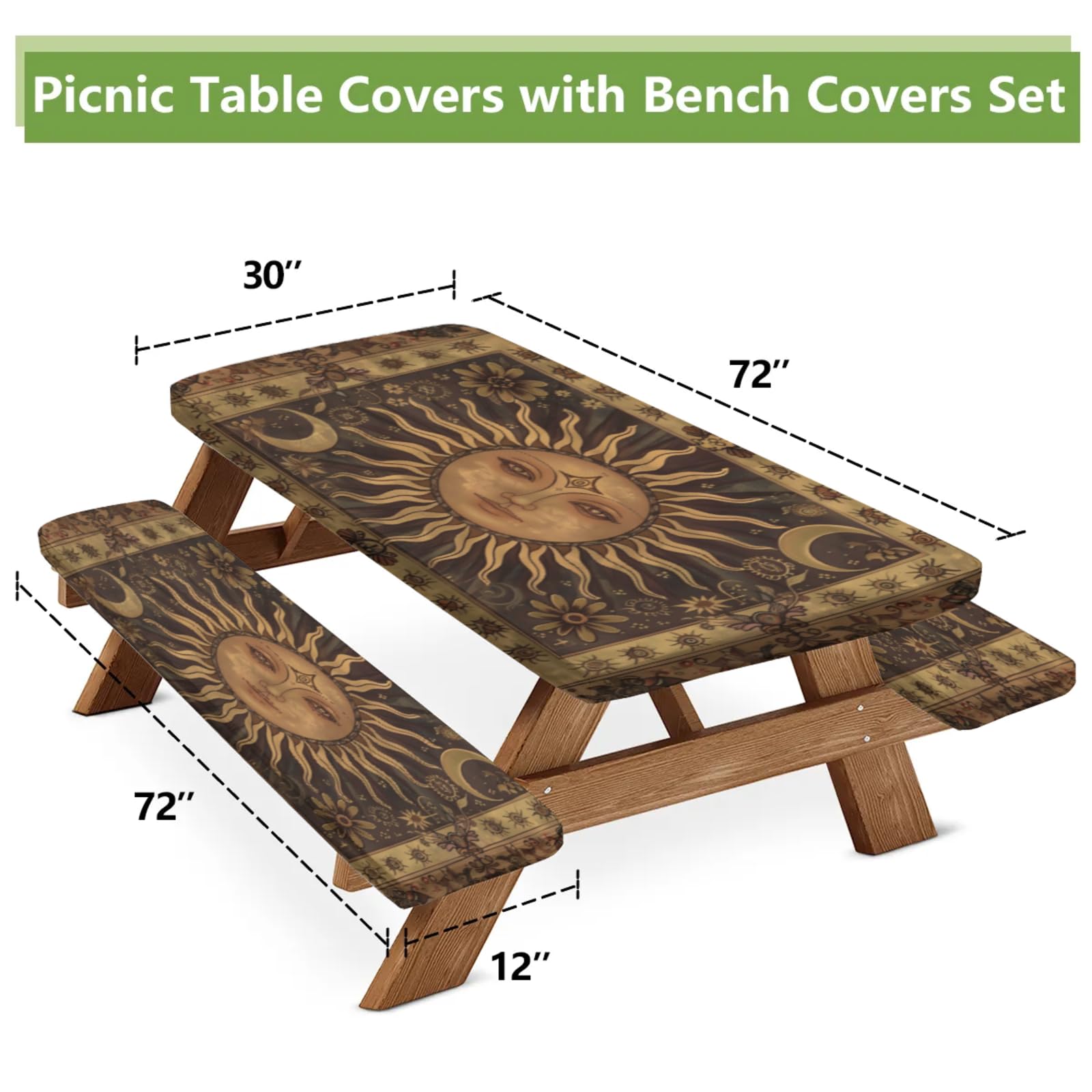 Tablerazzi Sun and Moon Old Style Picnic Table Cover with Bench Covers, Fitted Camping Tablecloth with Elastic Edges, Outdoor Waterproof Rectangle Table Cloth, 72x30 Inch 3 Pcs Set